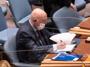 Russian Ambassador Vassily Nebenzia attends Security Council meeting convened at the request of the Russian Federation who accused Ukraine of developing biological weapons under the tutelage of the United States, at U.N. Headquarters in New York, March 11, 2022, photo by Lev Radin/Sipa USA/Reuters