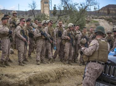 U.S. Marines receive a safety brief before they conduct live-fire drills during Trident Juncture 2015 in Almeria, Spain, October 27, 2015