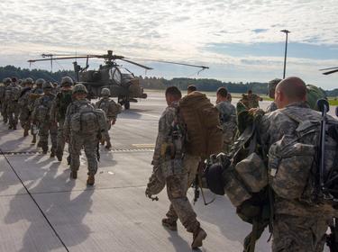 Paratroopers depart Lielvarde Airbase, Latvia, Sept. 8, 2014, at the conclusion of a NATO exercise involving over 2,000 troops from 10 nations that focuses on increasing interoperability and synchronizing complex operations