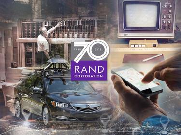 Clockwise from top left: RAND's JOHNNIAC mainframe computer, the RAND Tablet, a mobile phone, and an autonomous vehicle
