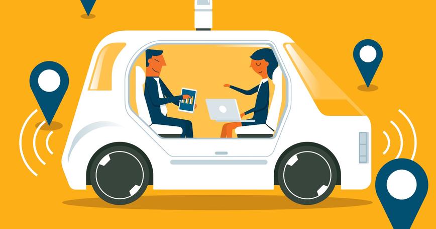 Two passengers working in a driverless car, illustration by sorbetto/Getty Images