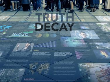 Truth Decay title on public space with people and information