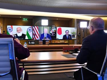 Australian Prime Minister Scott Morrison (R) and Minister for Foreign Affairs Marise Payne (L) participate in the inaugural Quad leaders meeting with Indian Prime Minister Narendra Modi, U.S. President Joe Biden, and Japanese Prime Minister Yoshihide Suga in a virtual meeting in Sydney, Australia, March 13, 2021, photo by Dean Lewins/Reuters