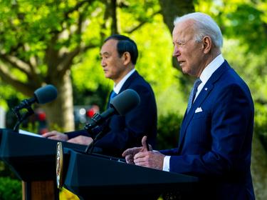 U.S. President Joe Biden and Japanese Prime Minister Yoshihide Suga hold a joint news conference at the White House in Washington, D.C., April, 16, 2021, photo by Doug Mills/Pool/Sipa USA/Reuters