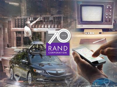 Clockwise from top left: RAND's JOHNNIAC mainframe computer, the RAND Tablet, a mobile phone, and an autonomous vehicle