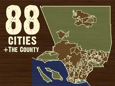 A map of Los Angeles County with the words '88 Cities + the County". Graphic by Glory Film Co. Philanthropy
