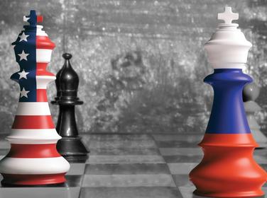 A game of chess between Russia and the United States, image by Petrik/Adobe Stock; design by Pete Soriano/RAND Corporation 