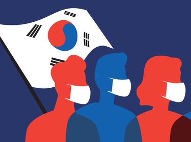 Koreans in face masks with flags of South Korea, silhouette vector stock illustration with coronavirus in Korea, photo by Viktoriia Miroshnikova/Getty Images