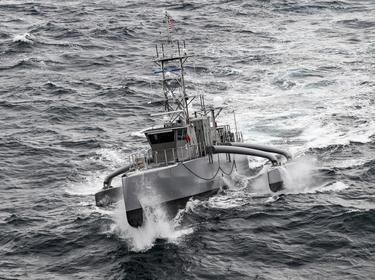 A Seahawk medium displacement unmanned surface vessel participates in U.S. Pacific Fleet's Unmanned Systems Integrated Battle Problem in the Pacific Ocean, April 21, 2021, photo by Chief Mass Communication Specialist Shannon Renfroe/U.S. Navy