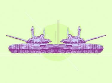 Two tanks in magenta facing opposite directions with a soldier standing on top, on a neon green background, photo illustration by Alyson Youngblood/RAND Corporation