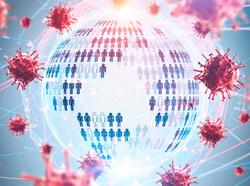 COVID-19 viruses floating around an image of the world made up of icons of people, image by denisismagilov/Adobe Stock