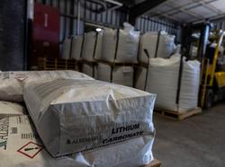 Sacks of lithium carbonate at Albemarle Lithium production facility in Silver Peak, Nevada, October 6, 2022, photo by Carlos Barria/Reuters