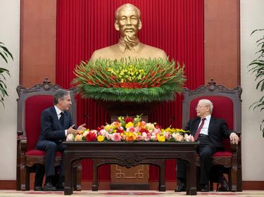 U.S. Secretary of State Antony Blinken, left, meets with Vietnam's Communist Party General Secretary Nguyen Phu Trong in Hanoi, Vietnam, April 15, 2023, photo by Andrew Harnik/Pool via Reuters