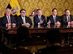 Ecuador's President Guillermo Lasso addresses the nation next to members of government, after he dissolved the National Assembly by decree, in Quito, Ecuador May 17, 2023, photo by Bolivar Parra/Ecuador Presidency/Handout via Reuters