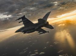 An F-16 Fighting Falcon flies during a mission at Eglin Air Force Base, Florida, February 14, 2019, photo by Staff Sgt. John Raven/U.S. Air Force