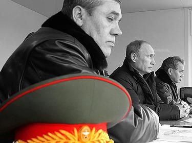 Adapted from photo by the Government of the Russian Federation. Vladimir Putin observes military exercises in the Black Sea region. With Chief of the General Staff of the Russian Armed Forces Valery Gerasimov (left) and Defence Minister Sergei Shoigu (far right).