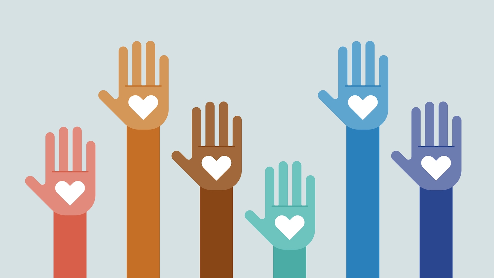 Illustration of many different colored hands with hearts raised in the air