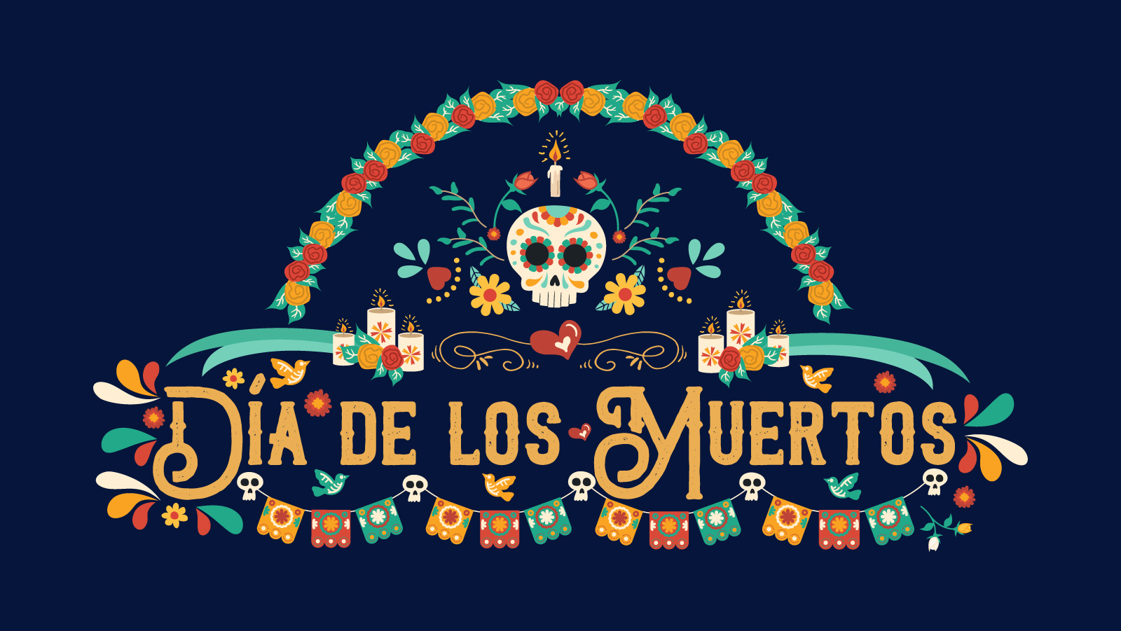 Dia de los muertos words decorated with sugar skulls, candles, and flowers