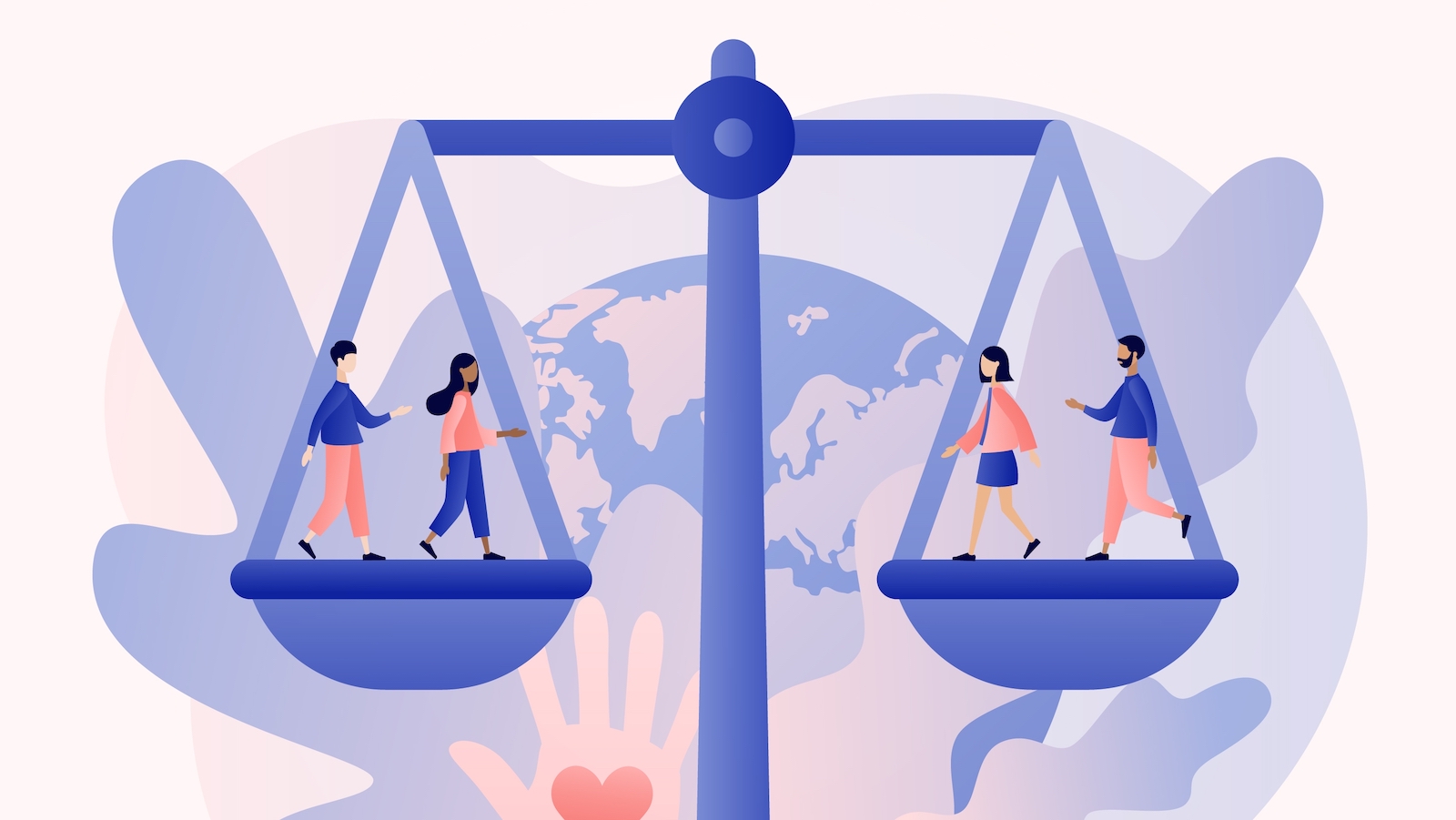 Illustration of social justice concept with people standing on both sides of justice scales