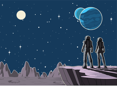 Astronauts on a planet looking at outer space, illustration by yogysic/Getty Images