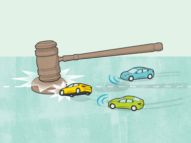 Illustration of a large gavel crashing down on self-driving cars, illustration by Chris Philpot