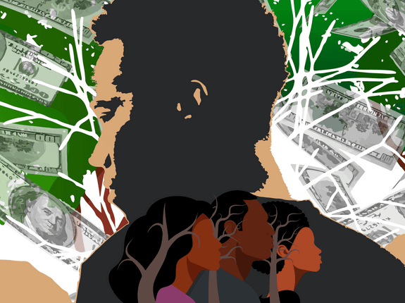 A man's profile in front of an abstract image of branches and hundred dollar bills, illustration by Kekeli Sumah/RAND Corporation, from Andre Hunter/Unsplash and Pete Soriano/RAND Corporation, from Atlas Illustrations/Adobe Stock and dar/Adobe Stock