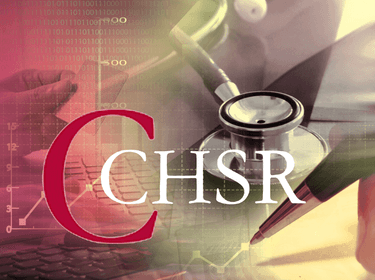 Healthcare business analysis collage and CCHSR logo, photo by janews094/Adobe Stock