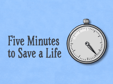 Title image from the short video Five Minutes to Save a Life, showing a stopwatch face on a blue background.