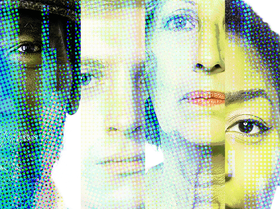 Collage of five faces with pixelated overlay, design by Dori Gordon Walker/RAND Corporation from JohnnyGreig, brusinski, alvarez, shisheng ling, and Vectorpower/Getty Images